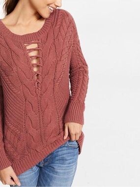 Express Lace-Up Cable Knit Sweater - Rusty Rose